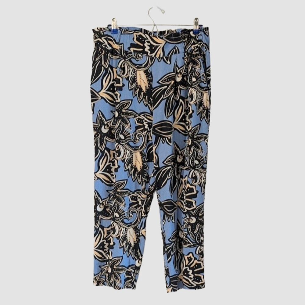 Calligraphie Linen Blend Floral Pull On Pants Size L Blue Black Wide Leg Crop